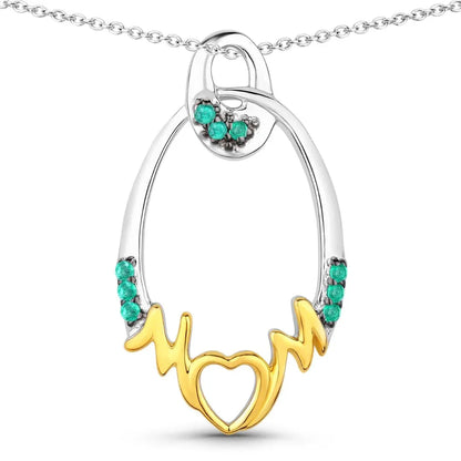 Round Green Emerald Prong Silver Mom Heart Pendant Necklace