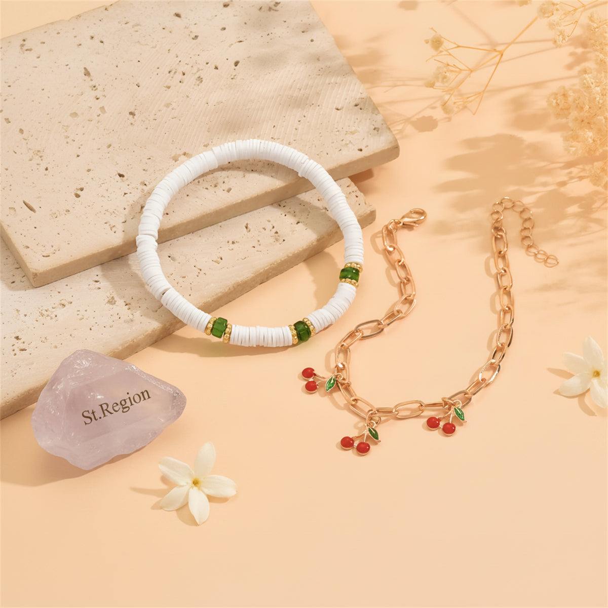 Enamel & Acrylic Polymer Clay Goldtone Cherry Tassel Anklet Set
