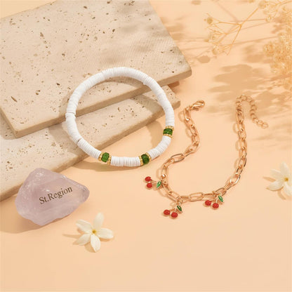 Enamel & Acrylic Polymer Clay Goldtone Cherry Tassel Anklet Set
