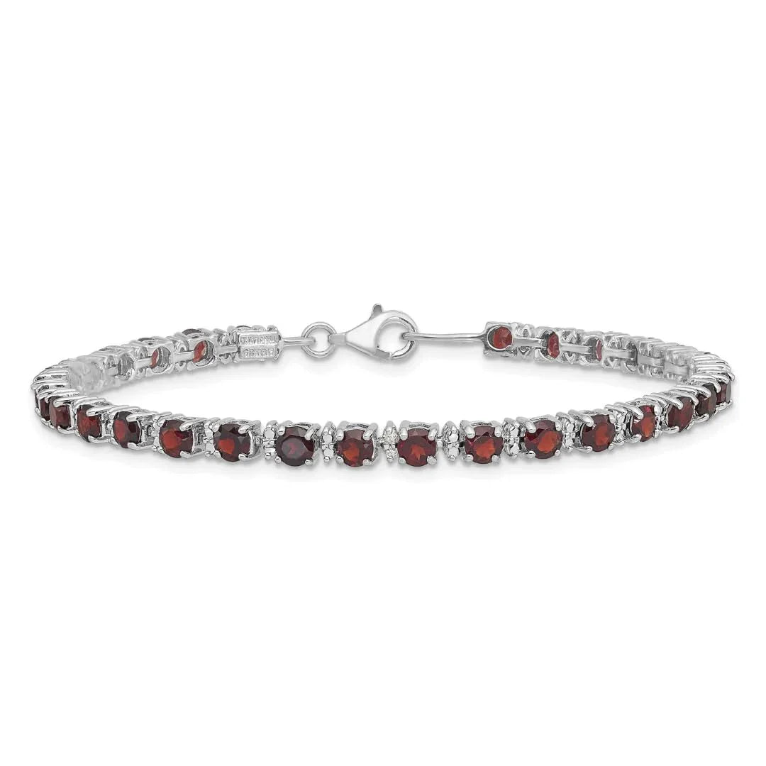 Round Red Garnet & Diamond Prong Sterling Silver Tennis Bracelet