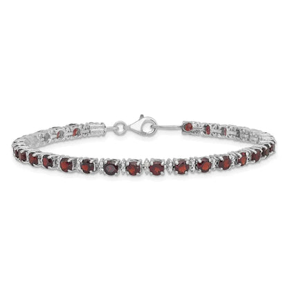 Round Red Garnet & Diamond Prong Sterling Silver Tennis Bracelet