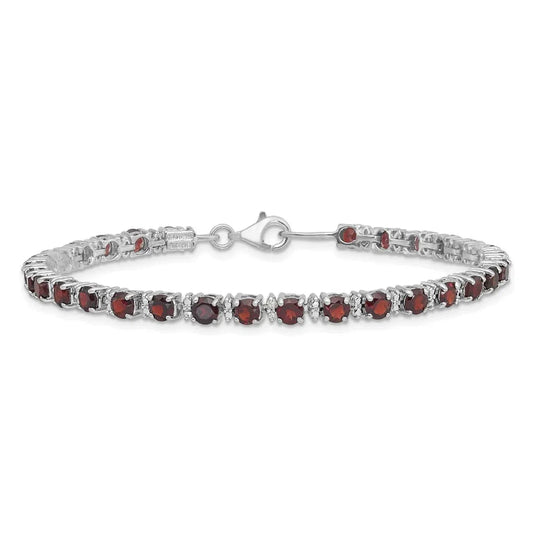 Round Red Garnet & Diamond Prong Sterling Silver Tennis Bracelet