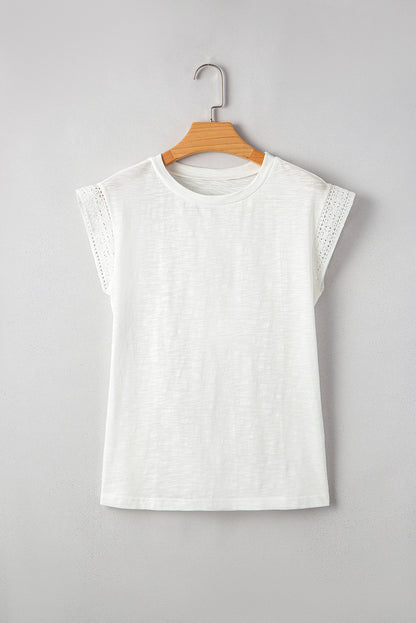 Threaded Pear Ivy Lace Patchwork Cap Sleeve Round Neck Top