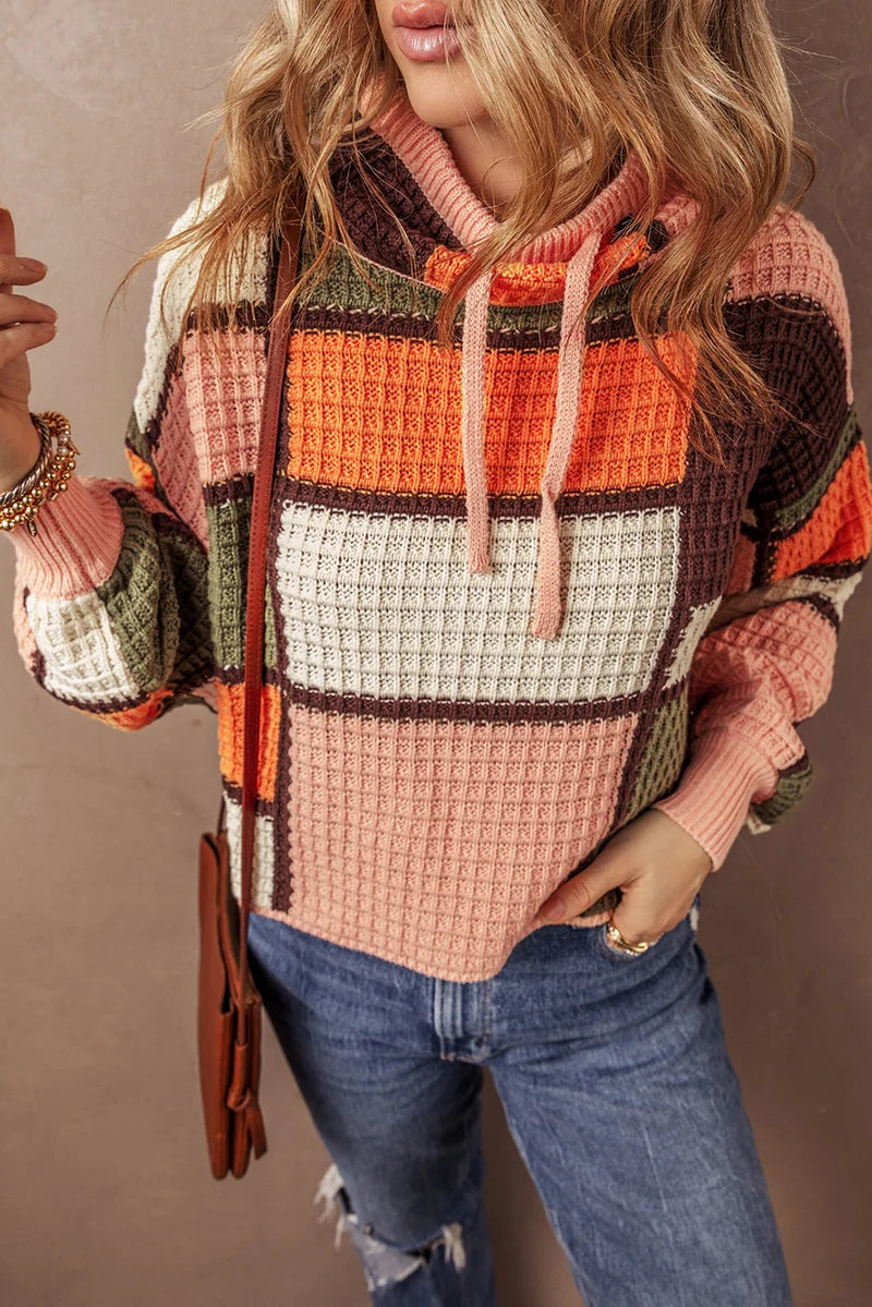 Threaded Pear Zoey Waffle Knit Drawstring Mock Neck Sweater