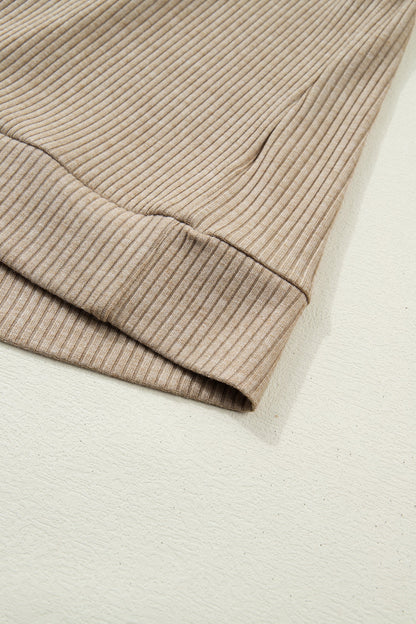Beige Ribbed Knit Denim Patchwork Button Polo Collar Cuffed Long Sleeve Top