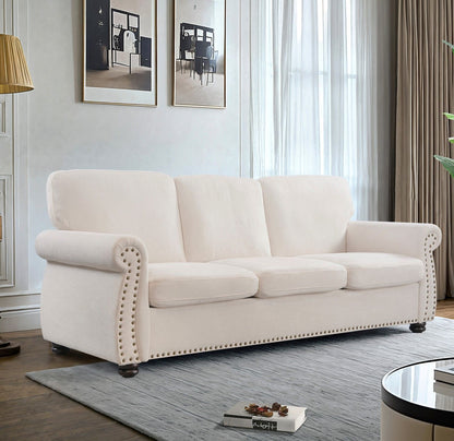 Soft Sofa, Upholstered 3 Seater Couch With High Density Foam, Loose Back Cushions and Turned Legs