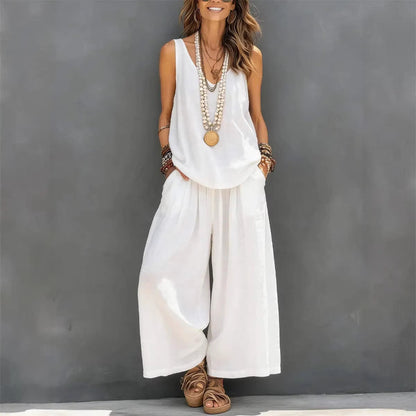 Women’s Cotton Linen Sleeveless Tank Top and Wide-Leg Pants Set