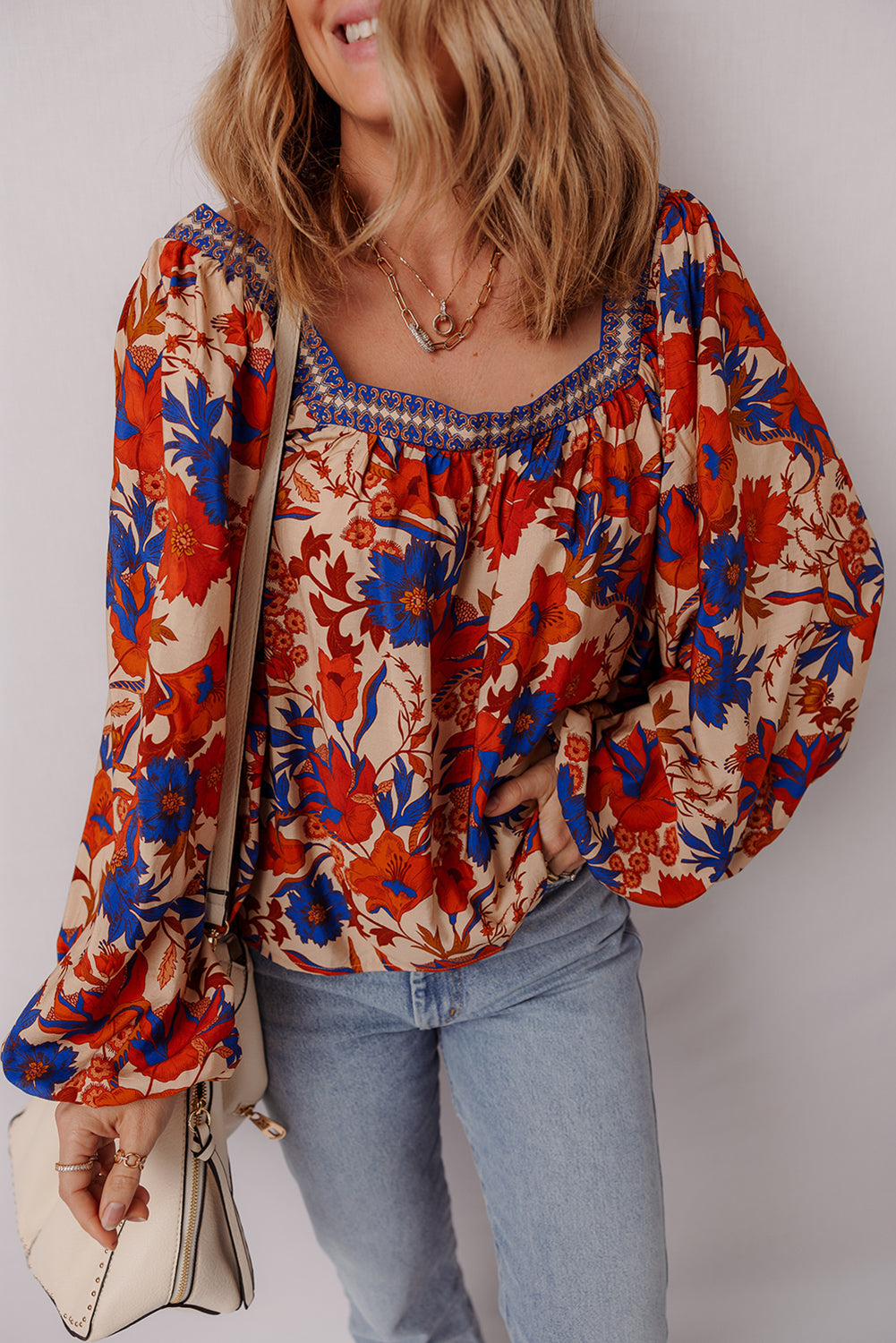 Threaded Pear Adeline Floral Print Square Neck Backless Loose Fit Blouse
