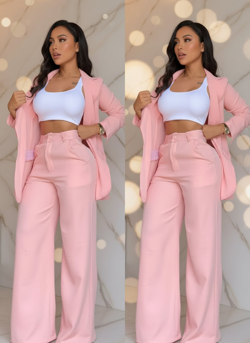 Women's Longline Open-Front Blazer & High-Waist Wide-Leg Trousers Suit Set – 8 Colors