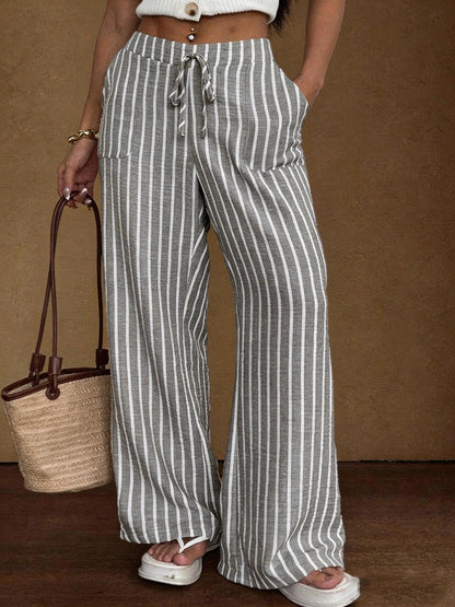 Women's Striped Wide-Leg Trousers – Lace-Up Elastic Waist Loose Fit