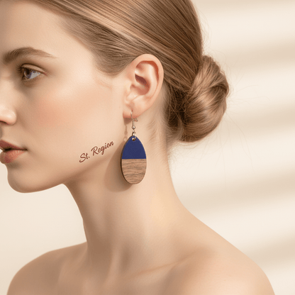 Blue Resin & Wood Silvertone Patchwork Teardrop Hook Earrings