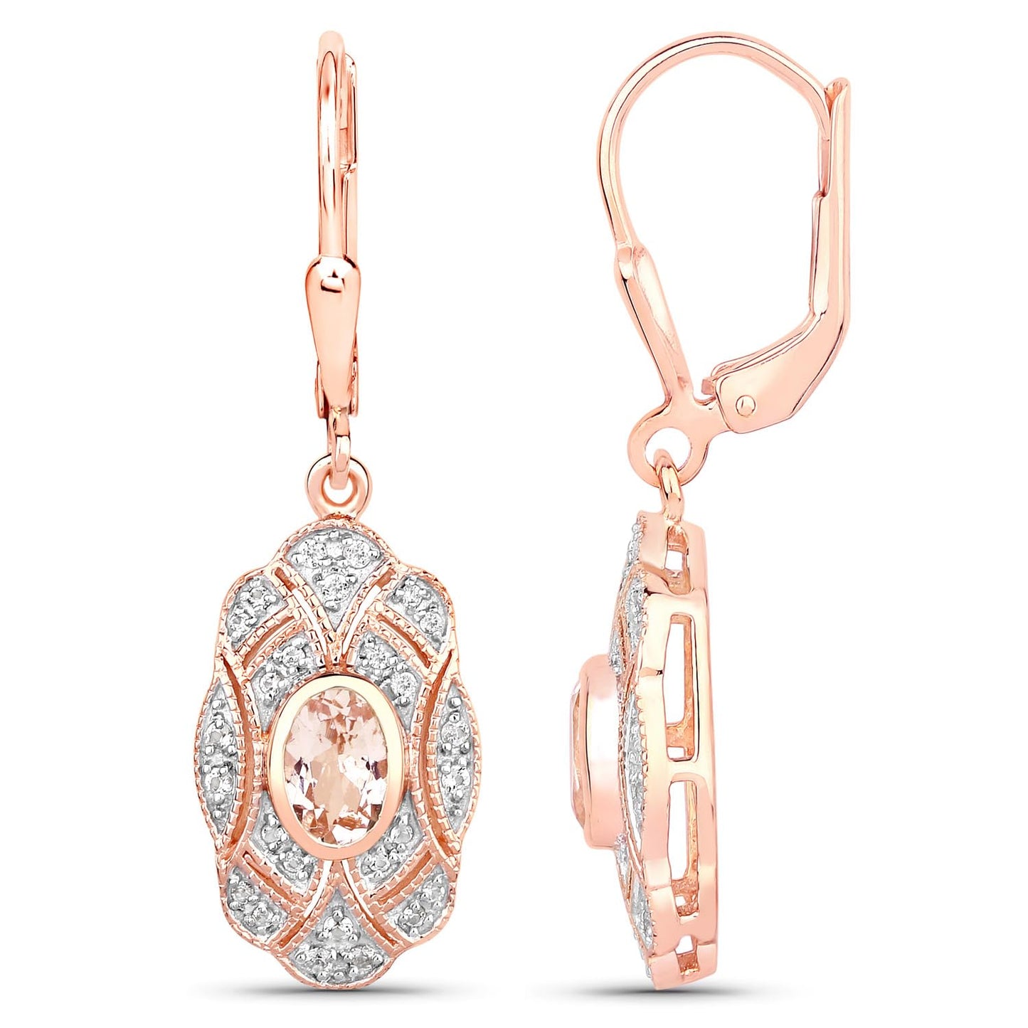 Oval Pink Morganite Bezel 18K Rose Gold Plated Silver Lever Back Dangle Earrings