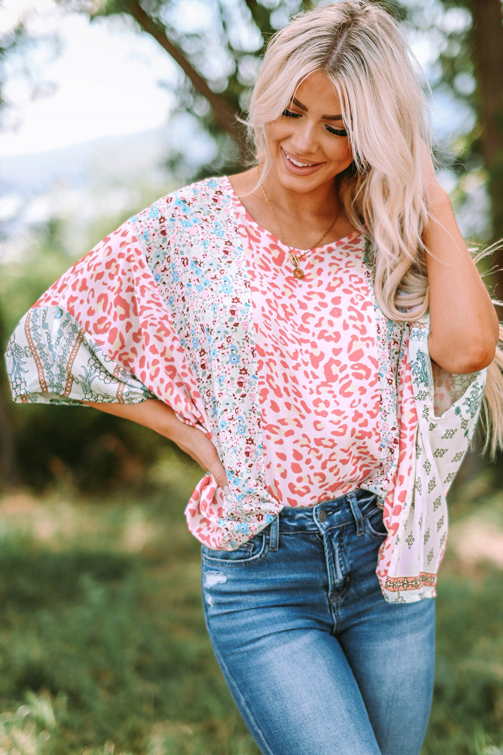 Threaded Pear Elora Mix Print Cape Top