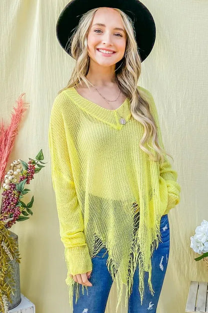 And The Why Distressed Mesh V Neck Spring Sweater Cover Up
