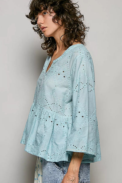 POL Eyelet Embroidery Peplum Button Front Cotton Shirt