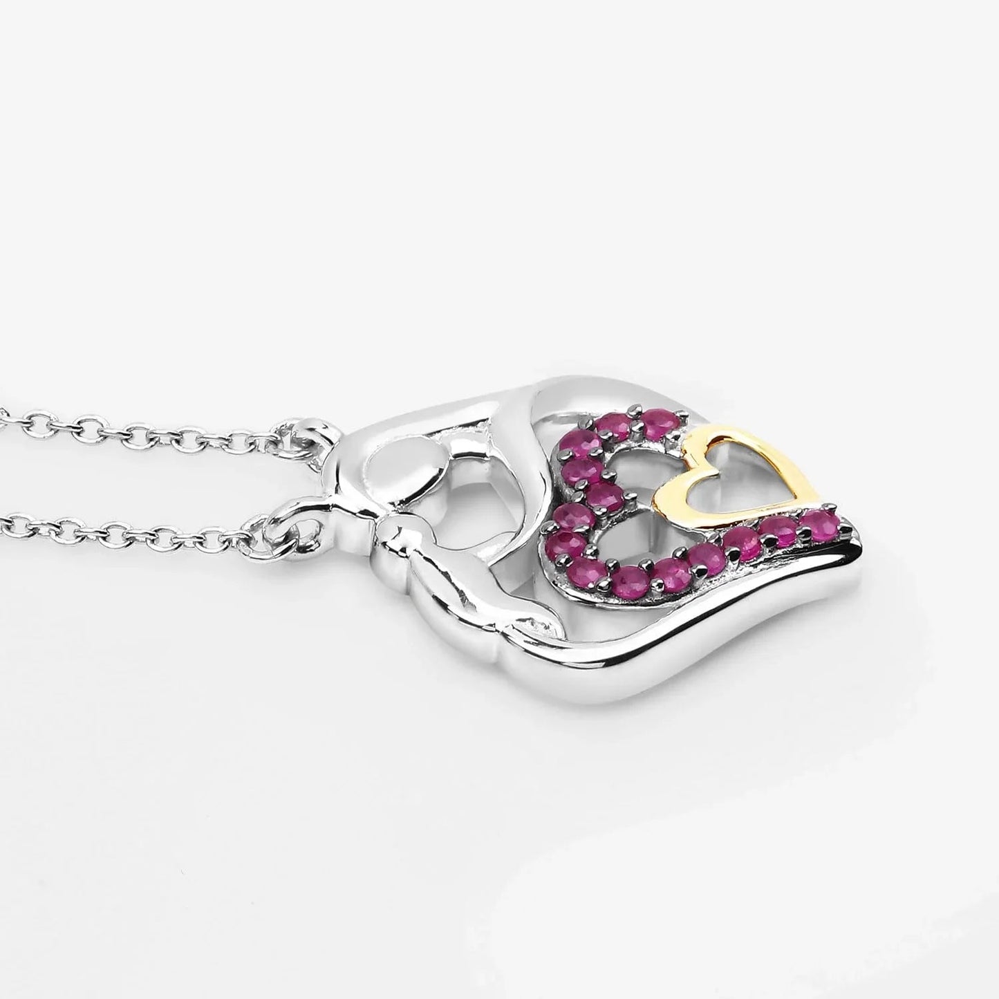 Round Pink Ruby Prong Silver Double Heart Pendant Necklace