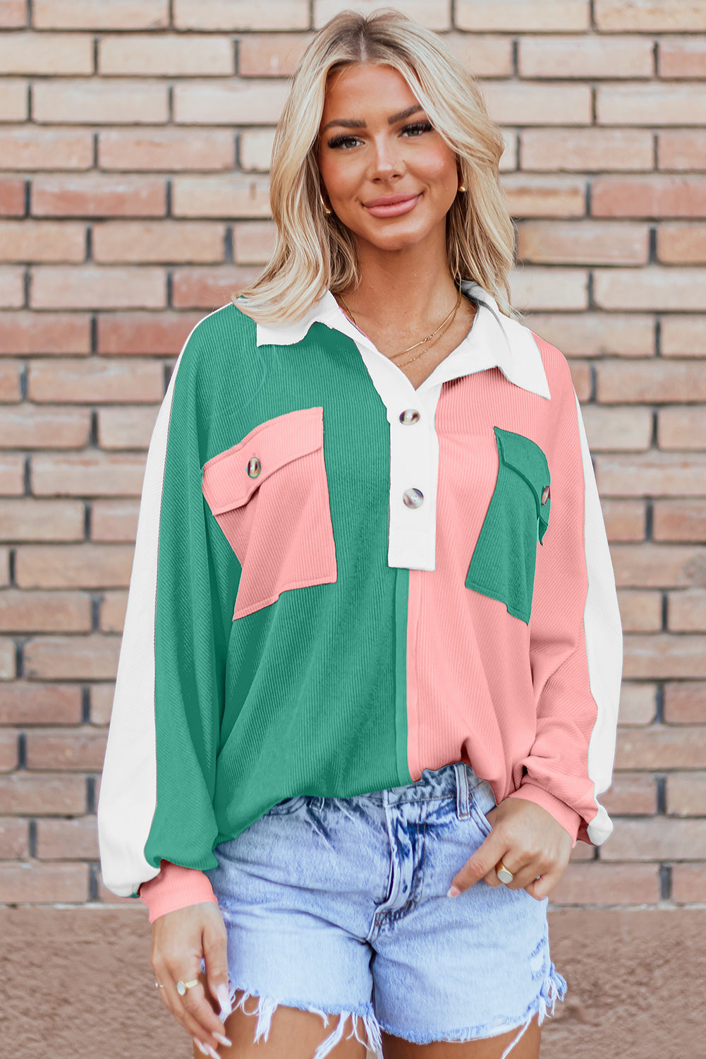 Threaded Pear Kehlani Ribbed Collared Oversized Sweatshirt