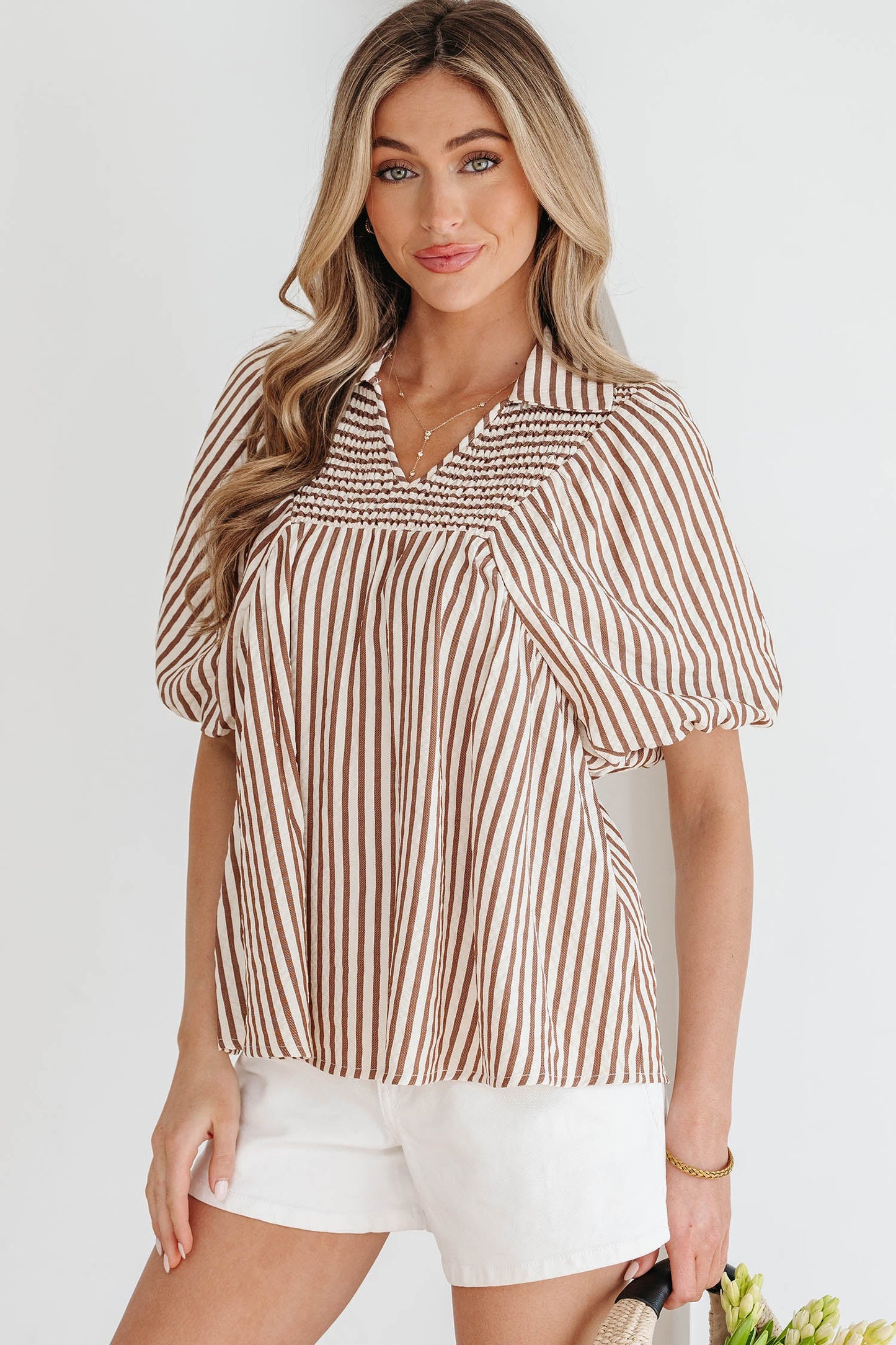 Threaded Pear Lina Short Puff Sleeve Blouse