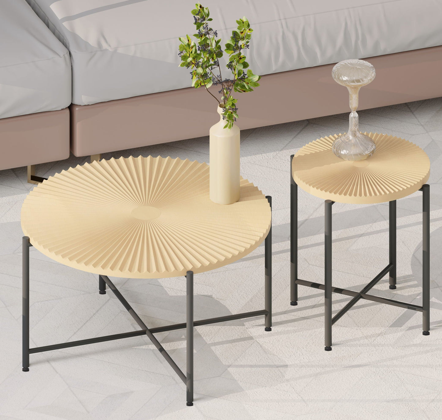 Radial - Pattern Coffee and End Table Set Waterproof Cover, Distressed Cylindrical Design (Set of 2)