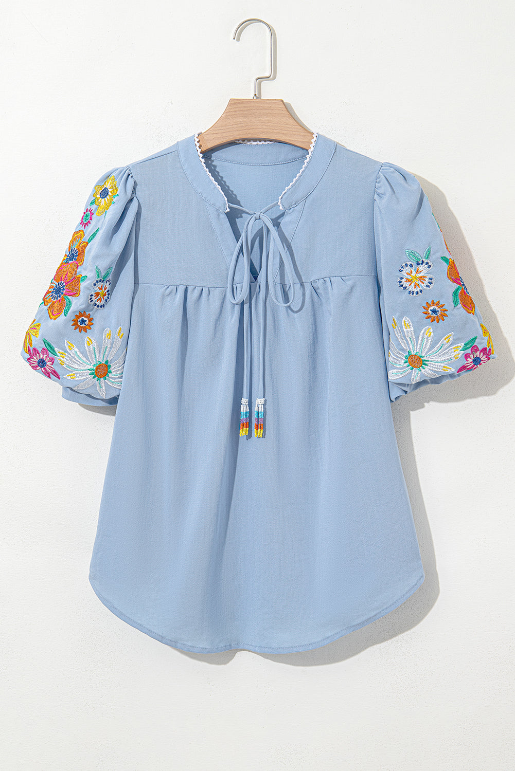 Threaded Pear Hadlee Floral Embroidered Puff Sleeve Split Neck Blouse