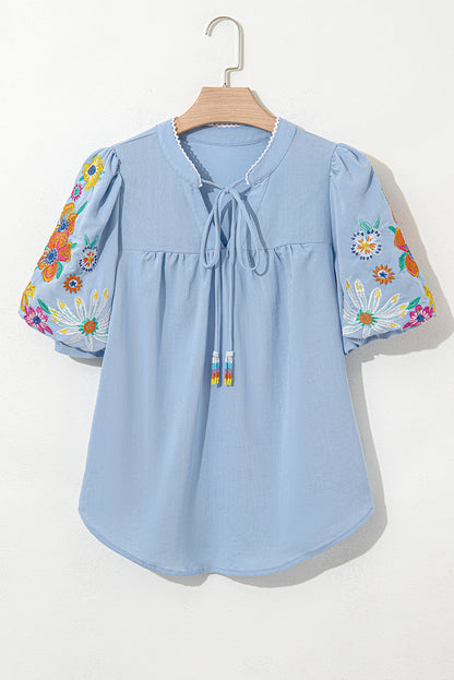 Threaded Pear Hadlee Floral Embroidered Puff Sleeve Split Neck Blouse