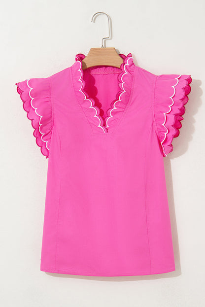 Threaded Pear Jazmine Scallop Short Sleeve V Neck Blouse