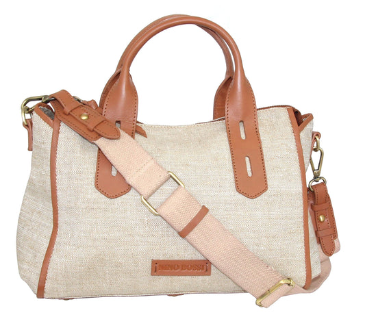 Britney Linen/Leather Satchel in Cognac