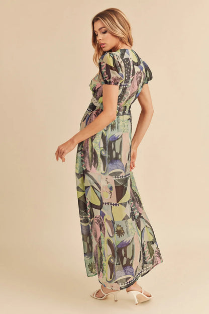 Aemi + Co Lace Detail Slit Geometric Print Short Sleeve Maxi Dress