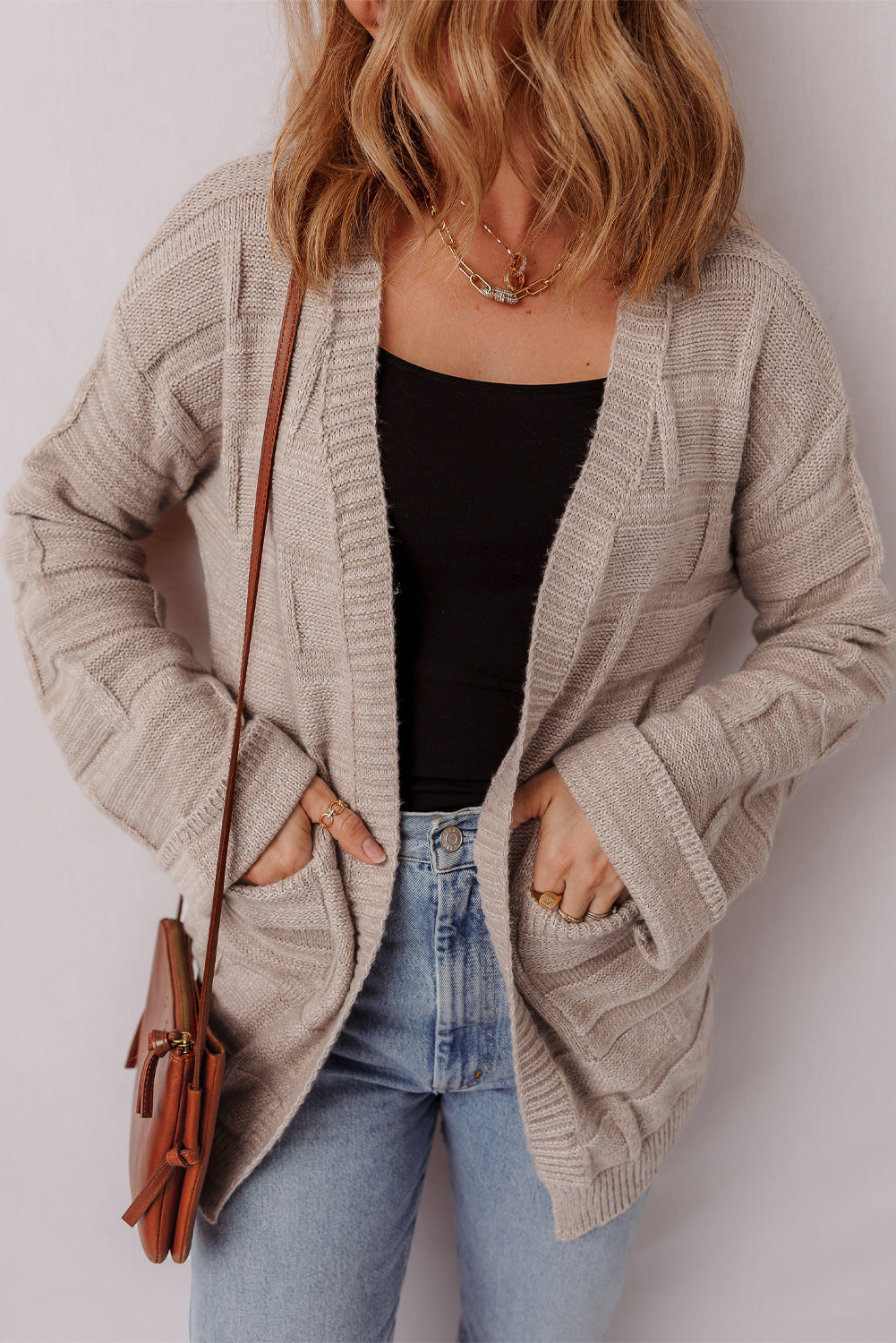 Threaded Pear Athena Knit Open Front Chic Cardigan with Pockets