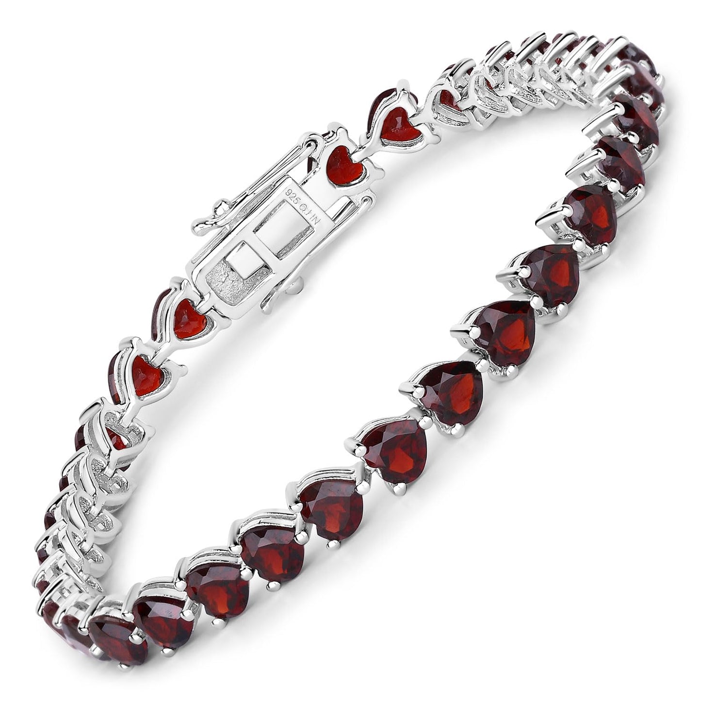 15.50 Ct Heart Red Garnet Prong Sterling Silver Box Clasp Tennis Bracelet