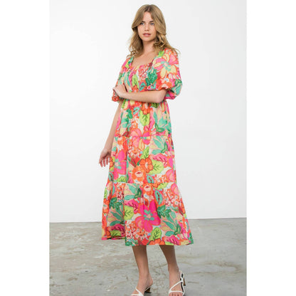 Massey - Puff Sleeve Floral Print Midi Dress