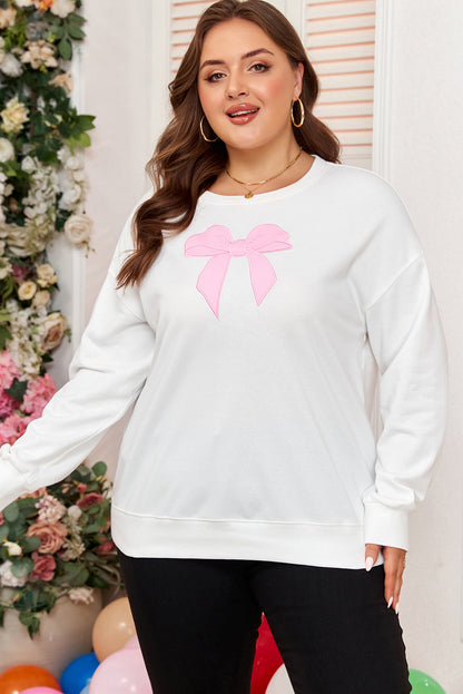 Threaded Pear Beige Big Bow Accent Plus Size Drop Shoulder Sweatshirt