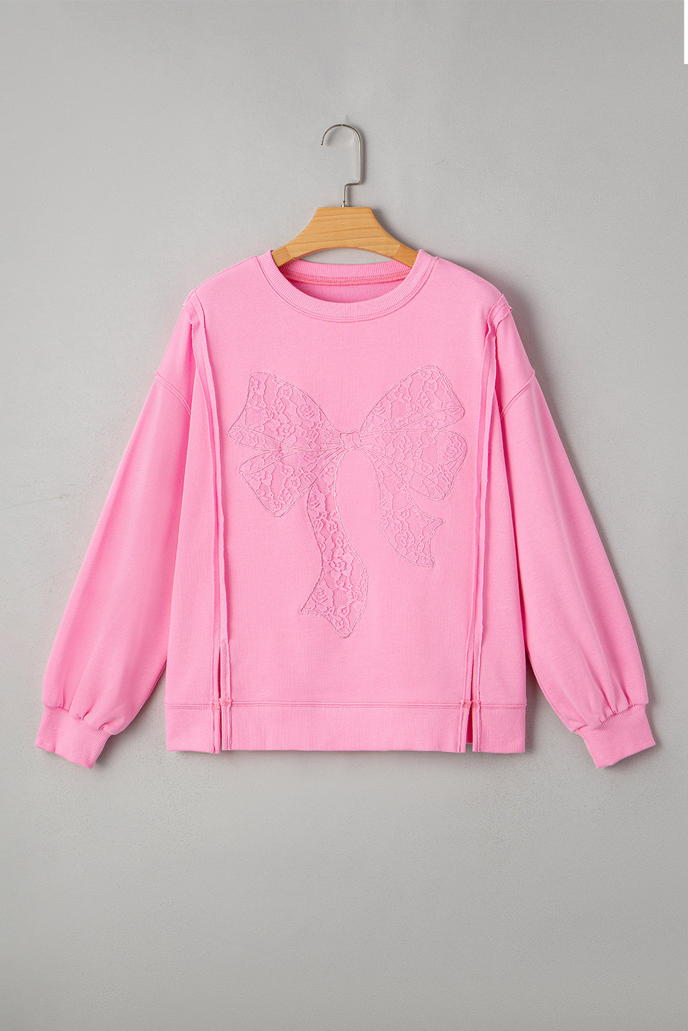 Threaded Pear Brianna Lace Bow Embroidered Exposed Seam Sweatshirt