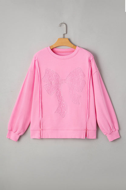 Threaded Pear Brianna Lace Bow Embroidered Exposed Seam Sweatshirt