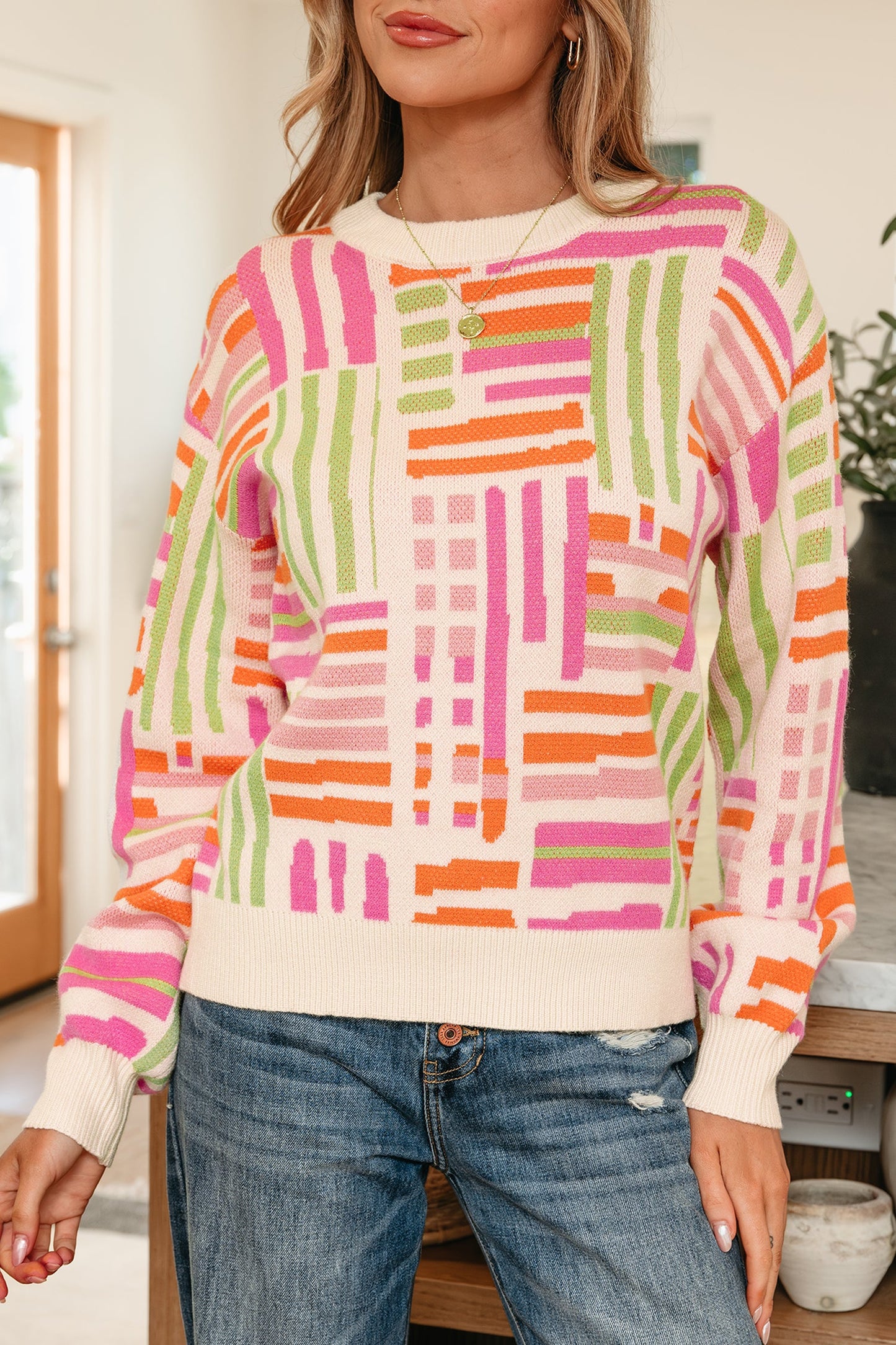 Threaded Pear Tru Pattern Puff Sleeve Sweater
