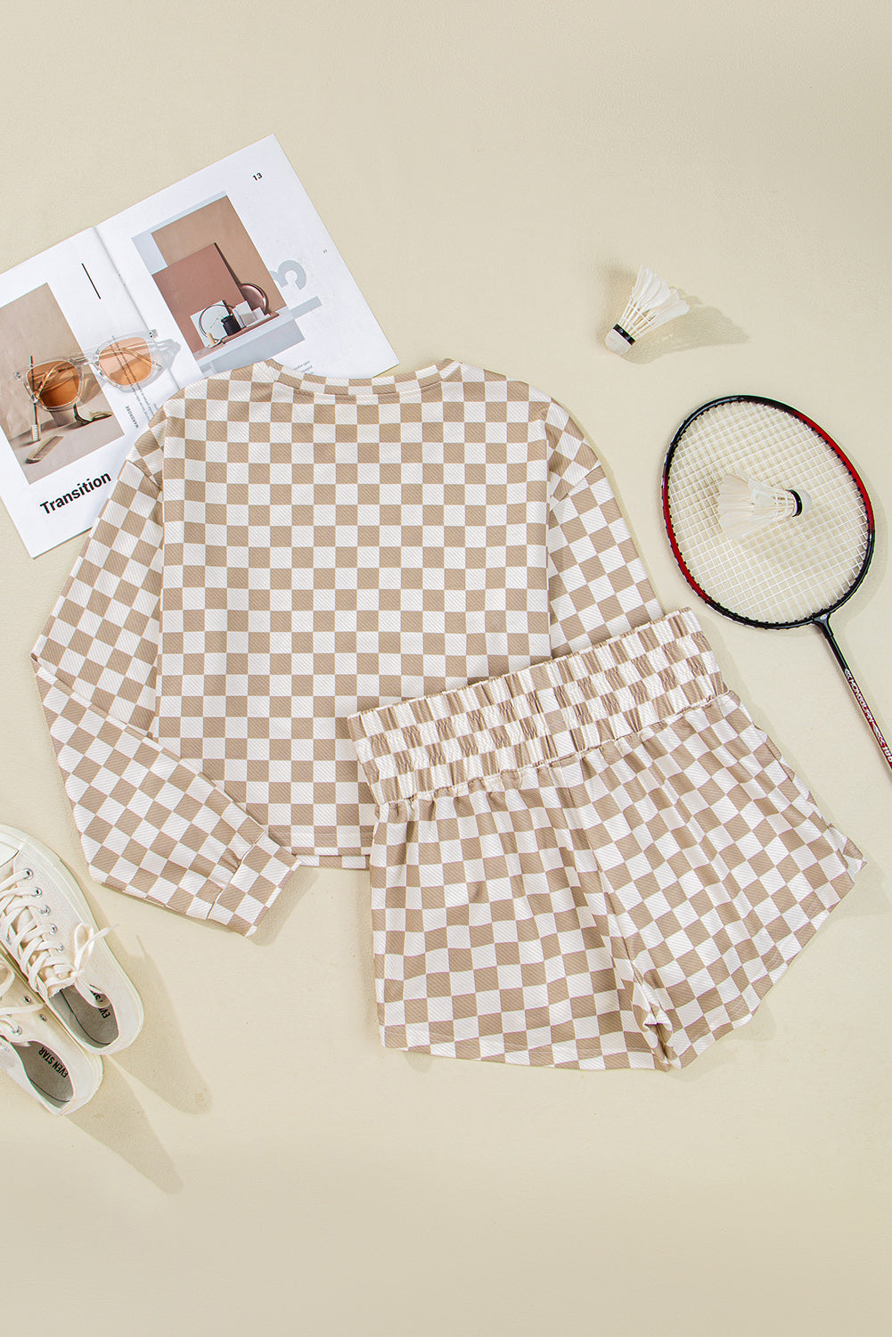 Threaded Pear Emily Checkered Long Sleeve High Waist Skort 2pcs Set