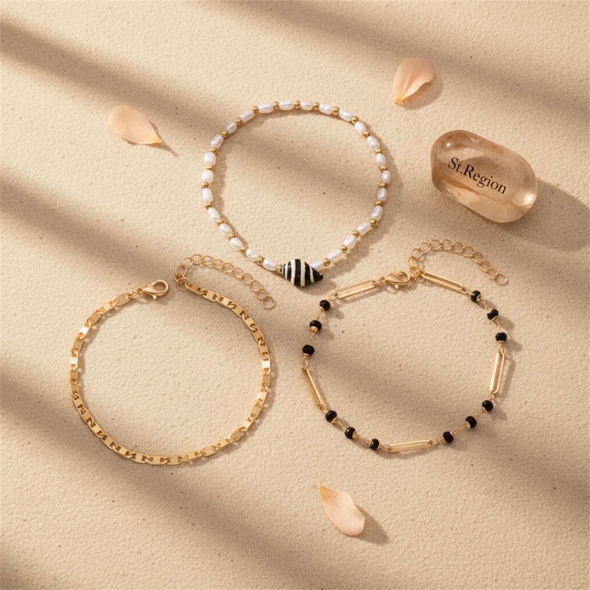 Black Acrylic & Pearl Shell Goldtone Paper Clip Station Anklet Set