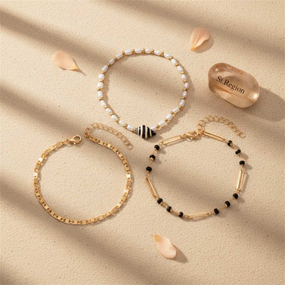 Black Acrylic & Pearl Shell Goldtone Paper Clip Station Anklet Set