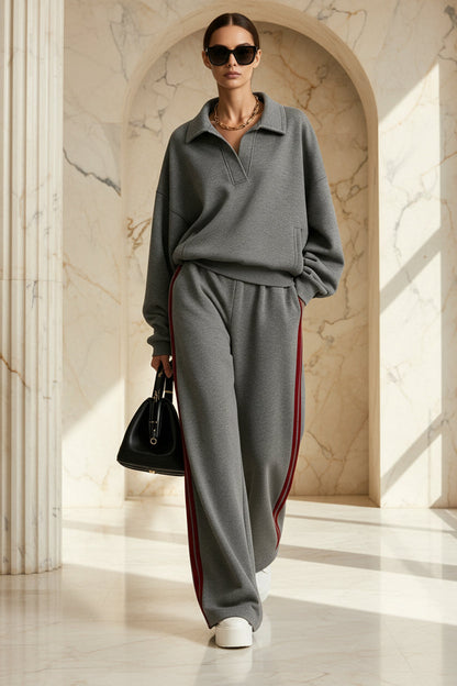 Women's Polo-Collar Oversized Sweatshirt & Side-Stripe Wide-Leg Pants Set