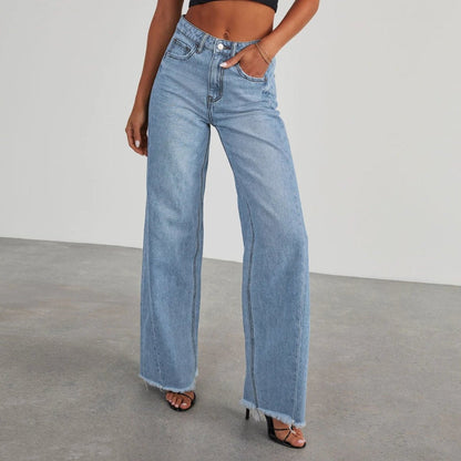 Mandotos Fashion High Waist Jeans With Pockets Slim Fit Straight Wide Leg Denim Pants