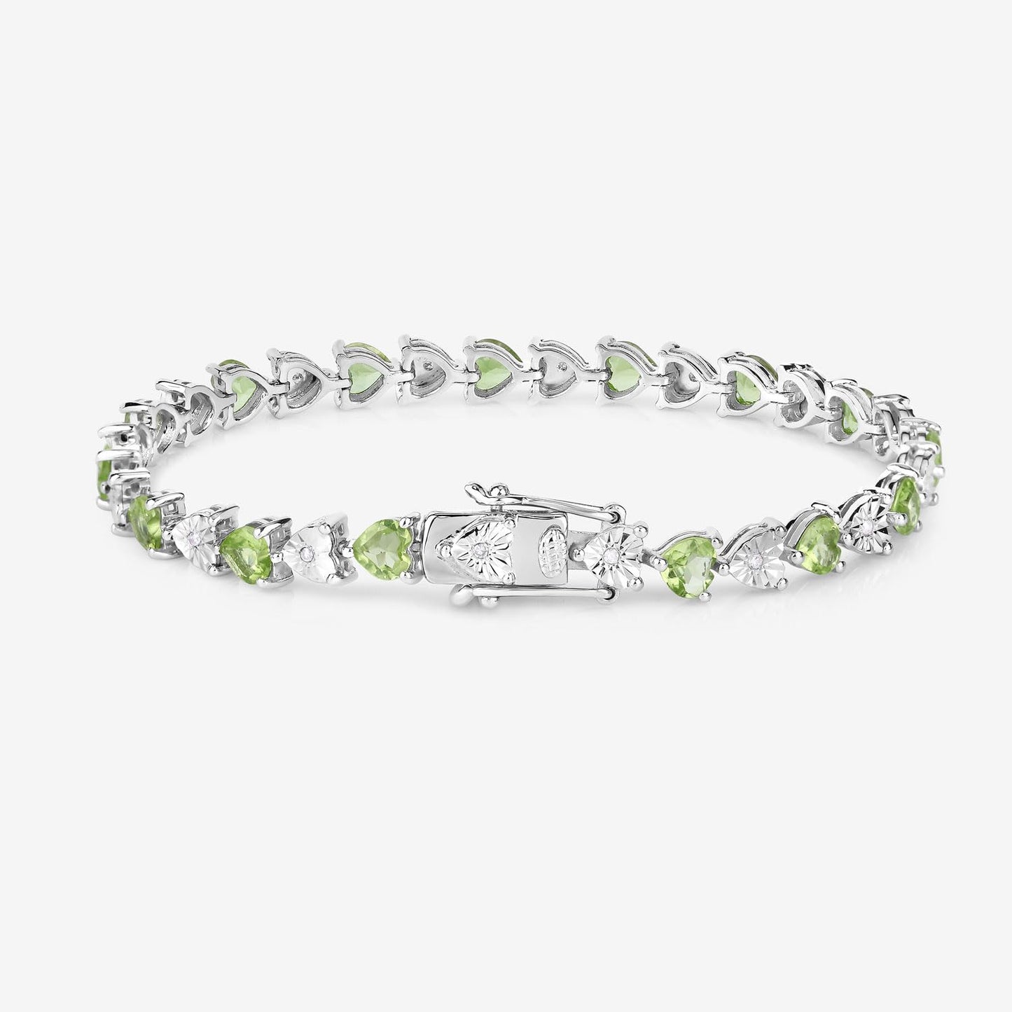 Heart Green Peridot & Diamond Prong Silver Tennis Bracelet