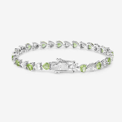 Heart Green Peridot & Diamond Prong Silver Tennis Bracelet
