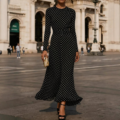 Round Neck Long Sleeve Polka Dot Sheath Dress