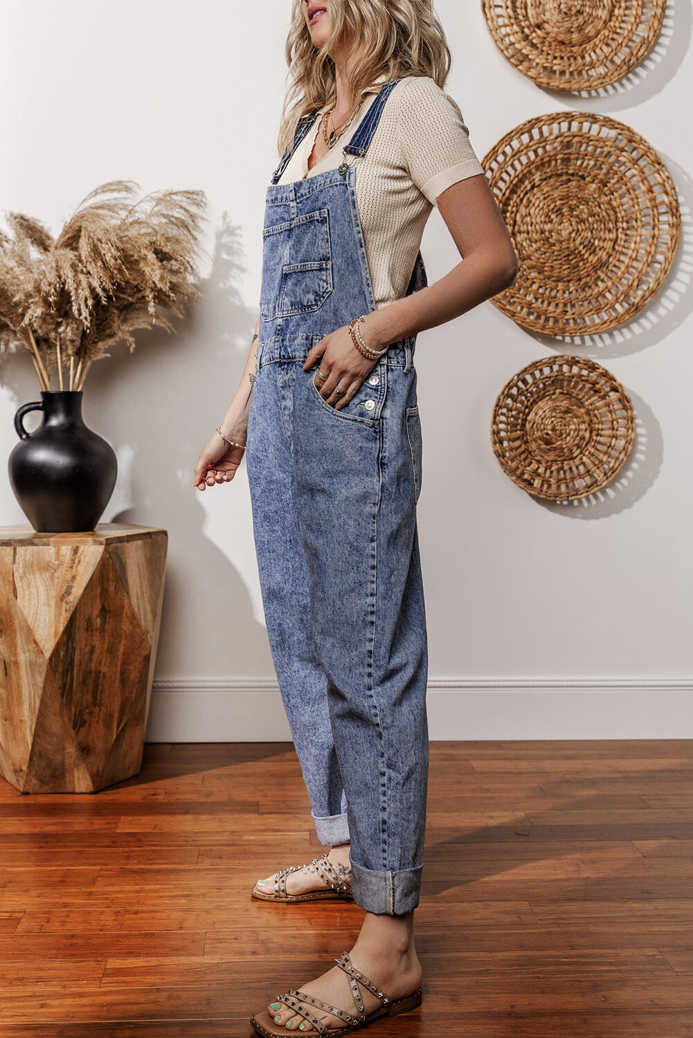 Threaded Pear Piper Denim Straight Leg Jumpsuit with Pockets