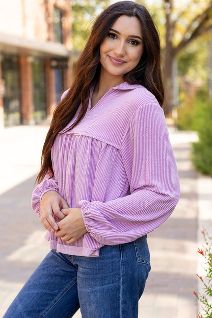 Threaded Pear Blake Corded V Neck Bubble Sleeve Blouse