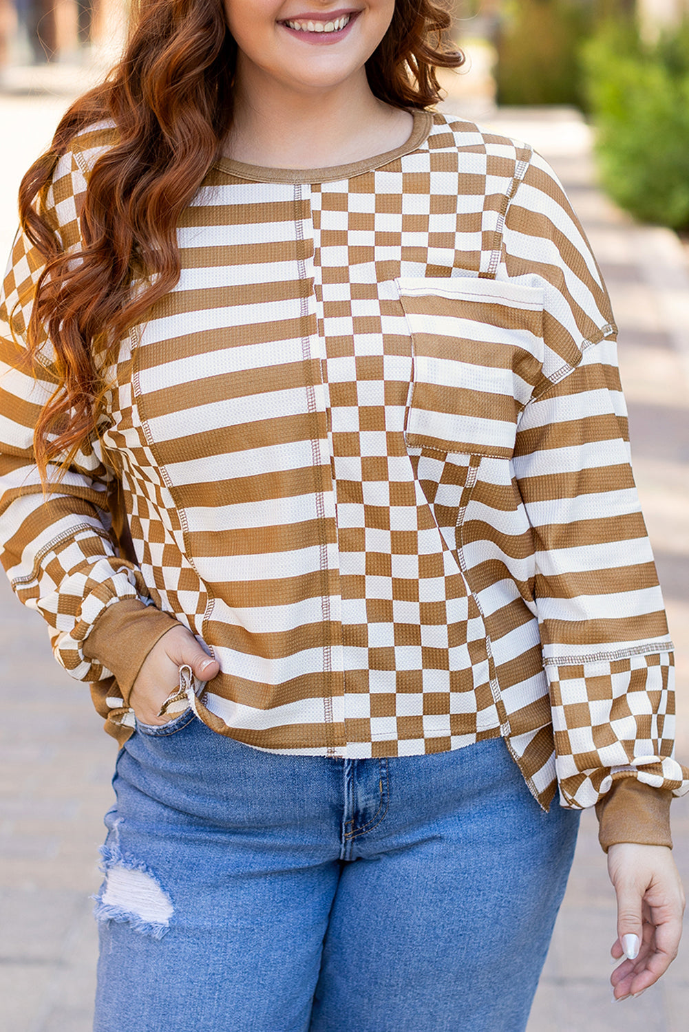 Threaded Pear Khaki Striped Checkered Mixed Print Chest Pocket Casual Plus Size Top