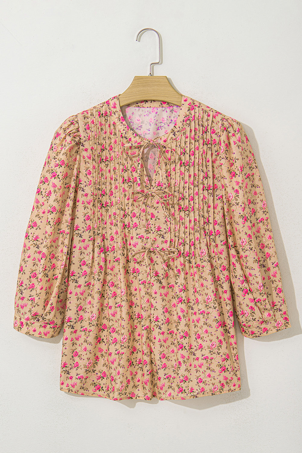 Threaded Pear Sadie Floral Bow Pin-tuck Bust Half Puff Sleeve Blouse