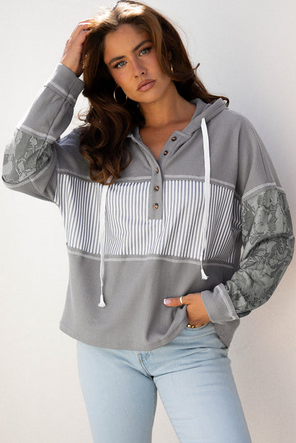 Threaded Pear Taytum Patchwork Drawstring Hooded Long Sleeve Top