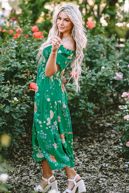 Threaded Pear Kailany Floral Bubble Sleeve Smocked Tiered Midi Dress