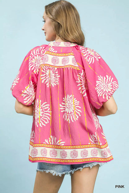 Umgee Floral Border Smocked V-Neck Boho Blouse